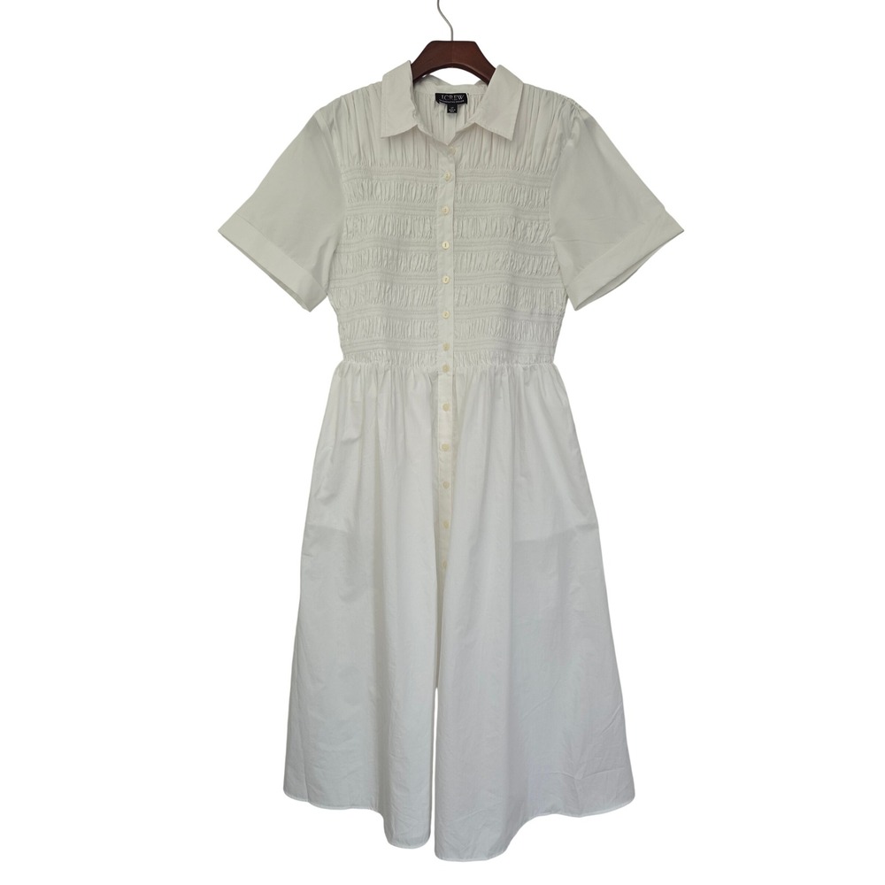 J. Crew Petite Elsie Shirt Dress Smocked Button Front LP White NWT $168 CT265